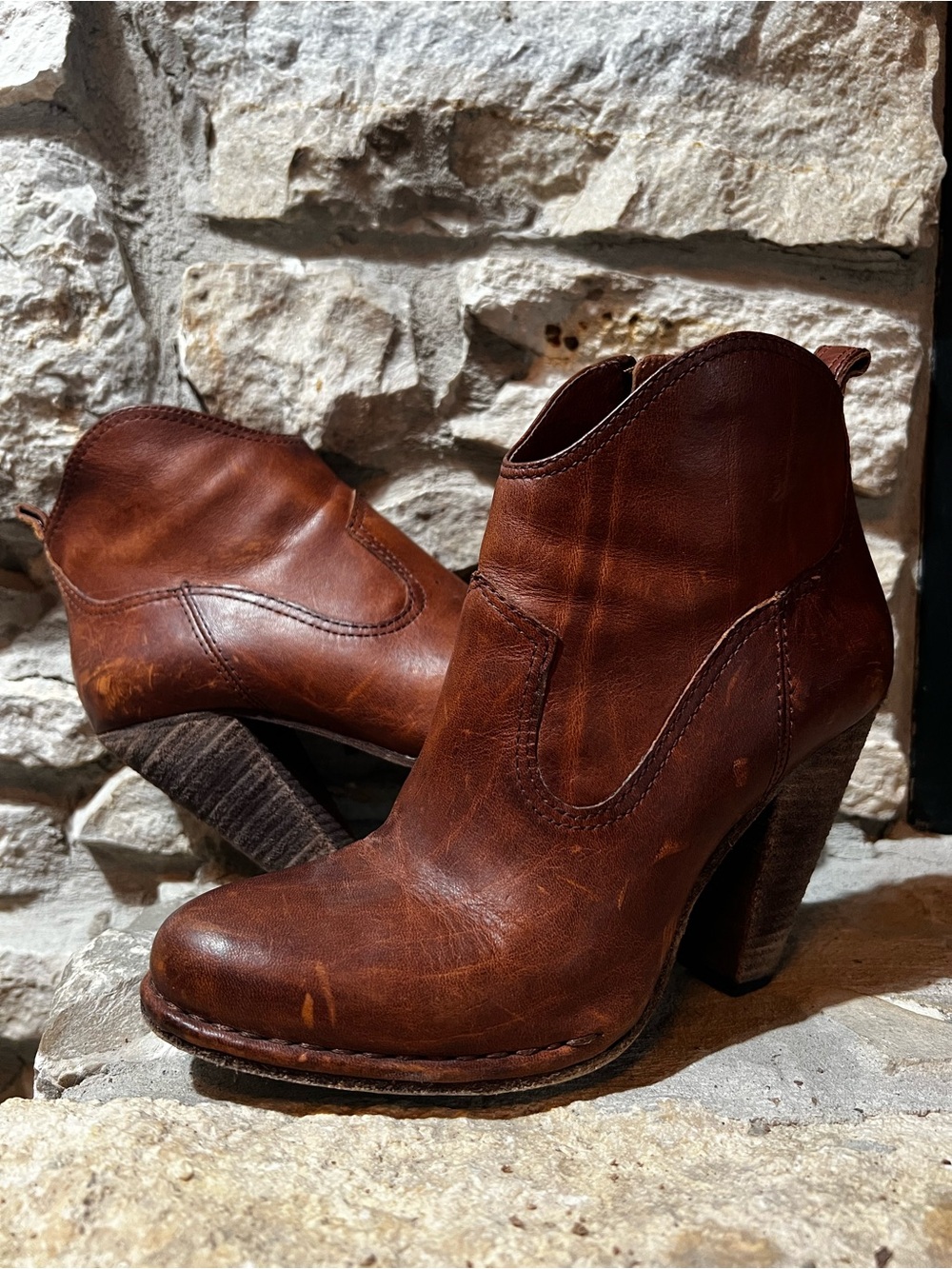 Frye Brown Leather Ankle Booties with Stacked Heel